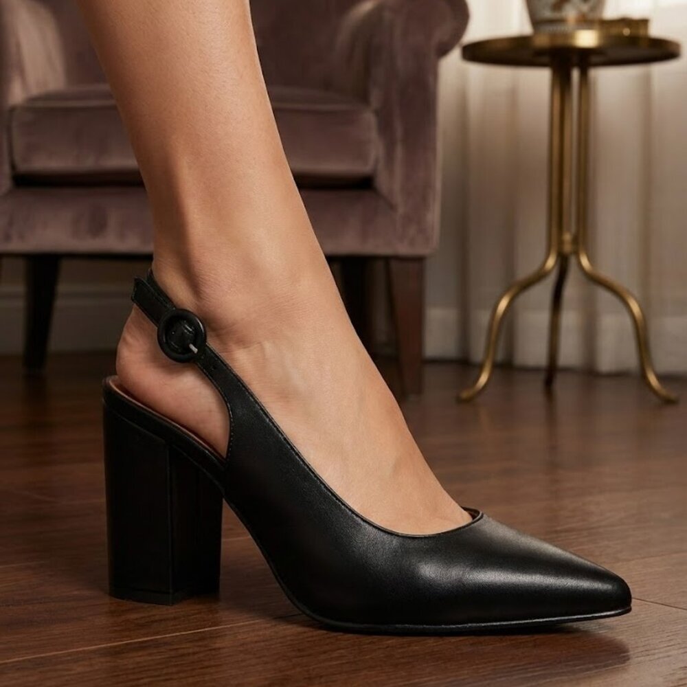 🖤 X2B Black Pointed Toe Slingback Block Heels | 3 Inch Heel